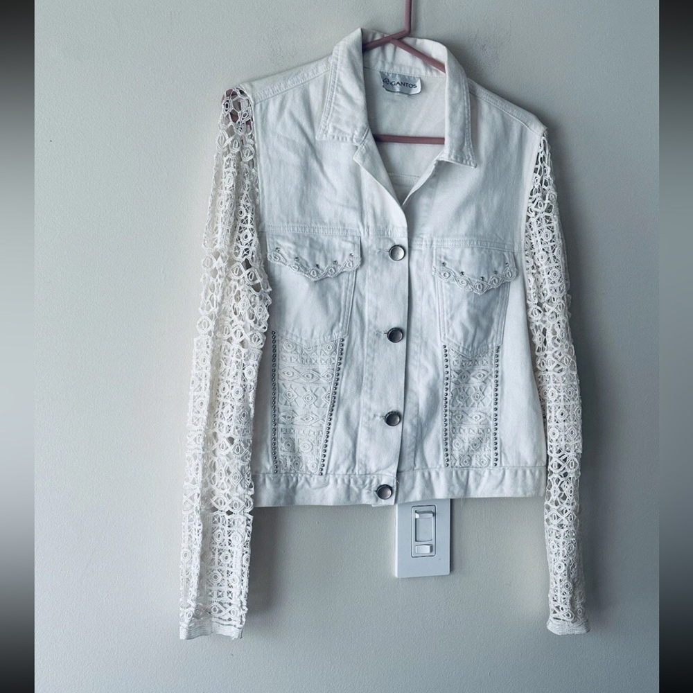 Vintage 90s Gantos White Embellished Lace Sleeve Jacket Crystal Details Size S